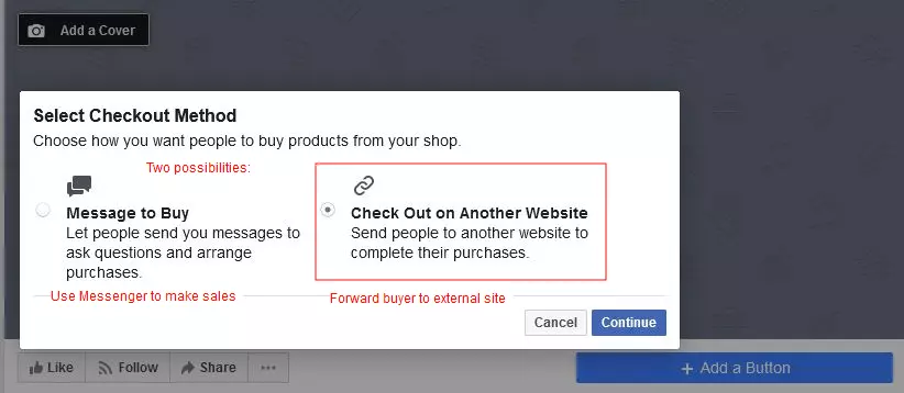 Image: Set up Facebook shop: Menu to select the type of purchase