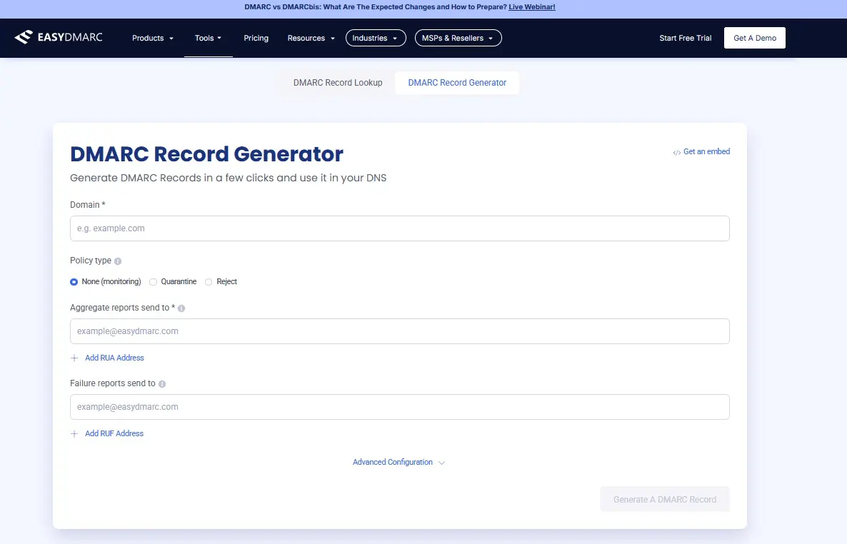 Image: Screenshot of the DMARC Record Generator tool by EasyDMARC