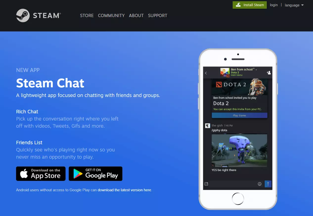 Image: Steam store page advertising the Steam chat app