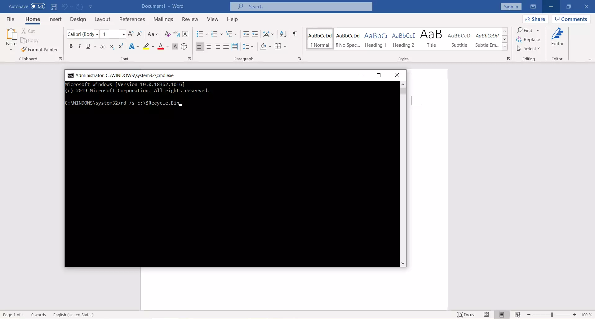 Image: Emptying the Recycle Bin using the command prompt window