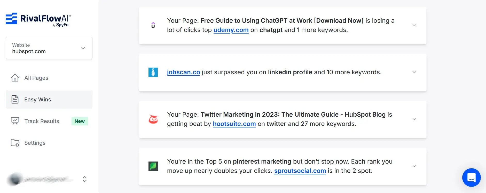 Screenshot of SpyFu RivalFlow AI with Competitor Comparisons and Keyword Recommendations Image: Screenshot of SpyFu RivalFlow AI with Competitor Comparisons and Keyword Recommendations