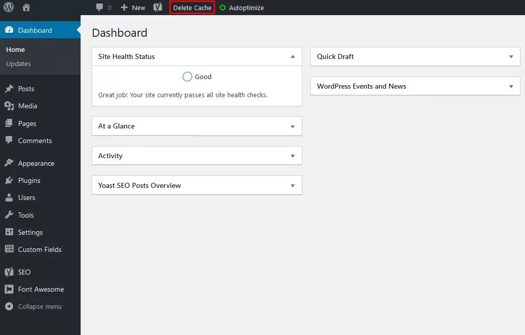 Image: WP Super Cache: “Delete Cache” button in the Admin Bar