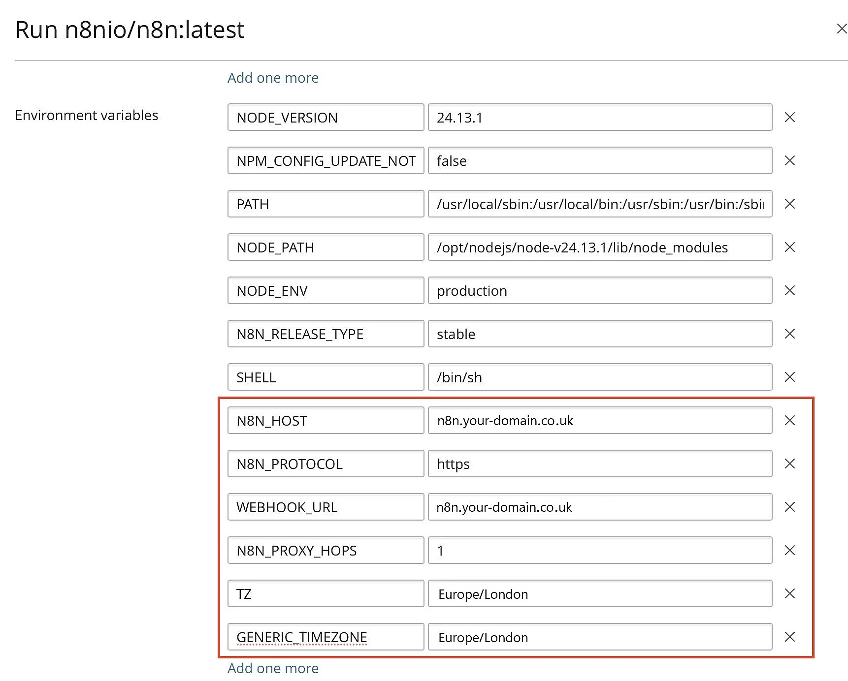 Plesk: n8n container variables Image: Plesk: n8n container variables
