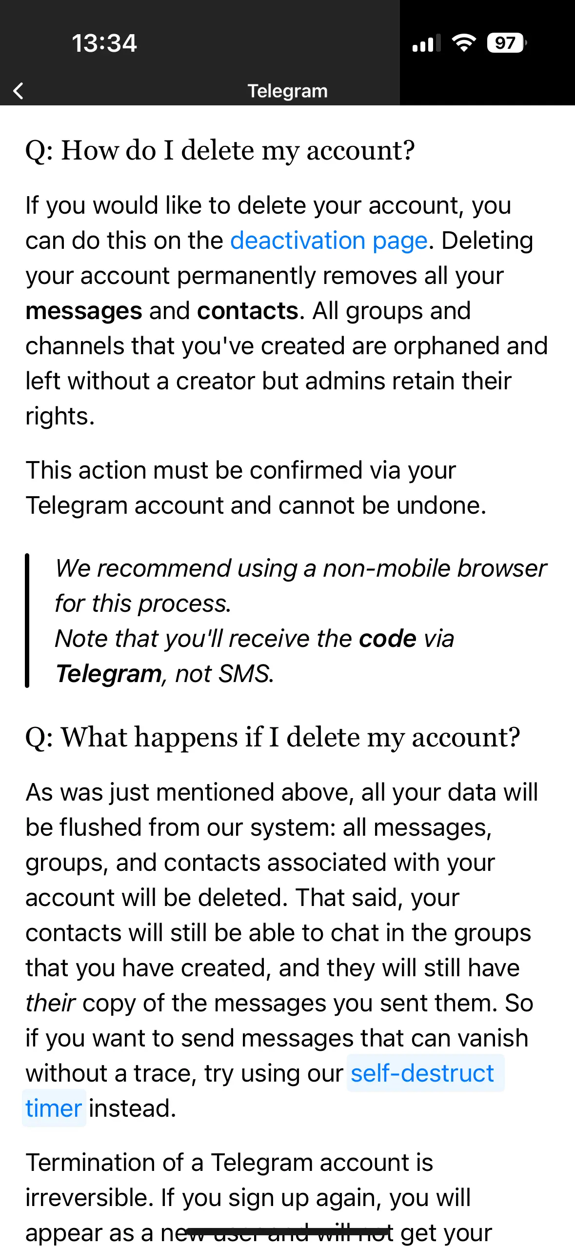 Image: Telegram app FAQ item ‘How do I delete my account’