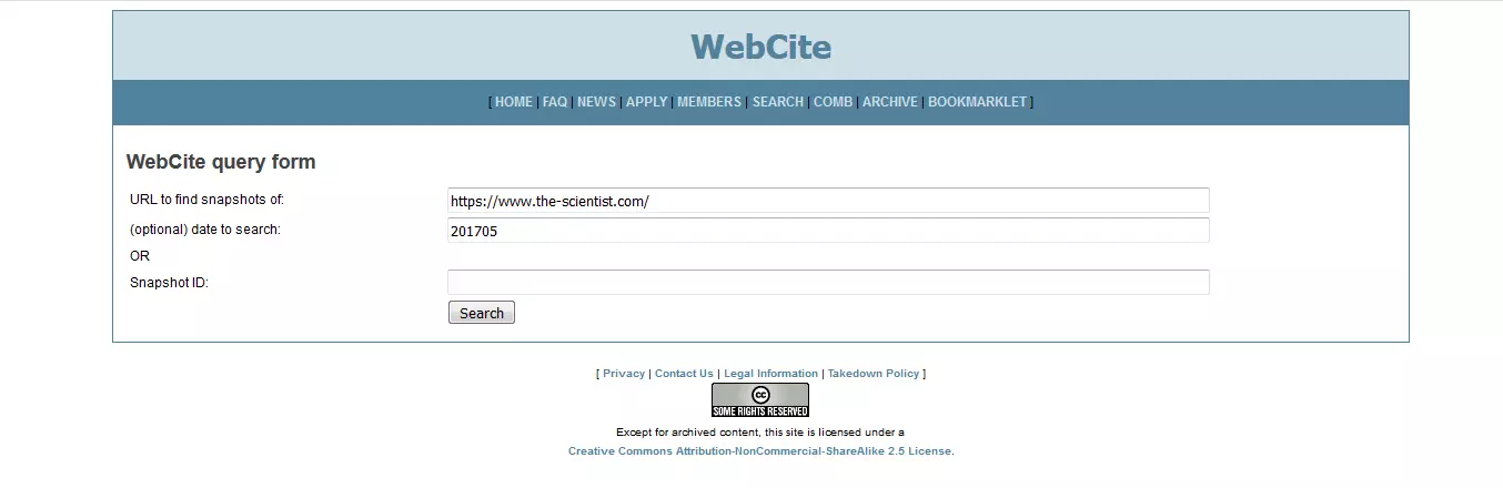 Image: The snapshot search form with domain URL and timestamp