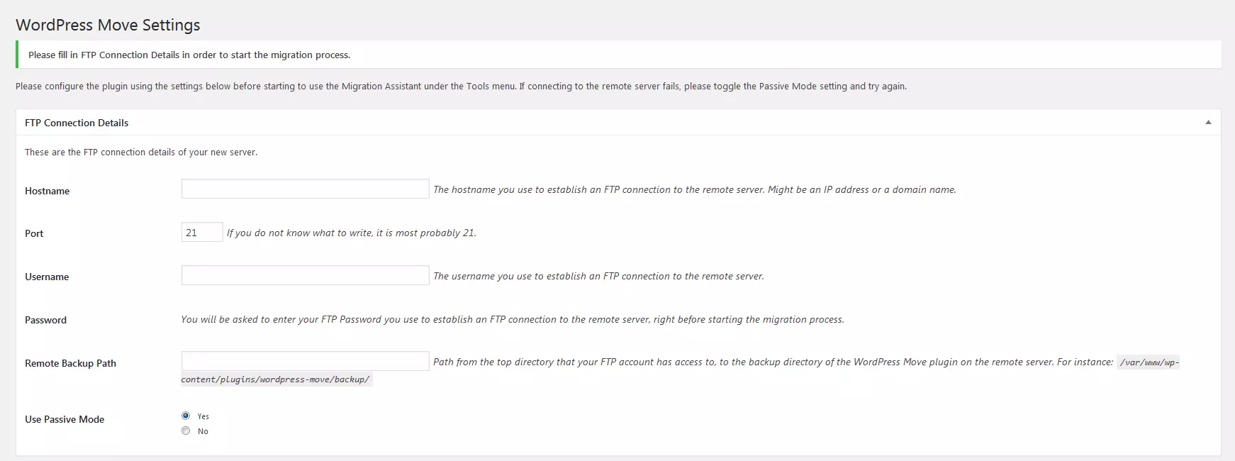 Plugin settings for WordPress Move