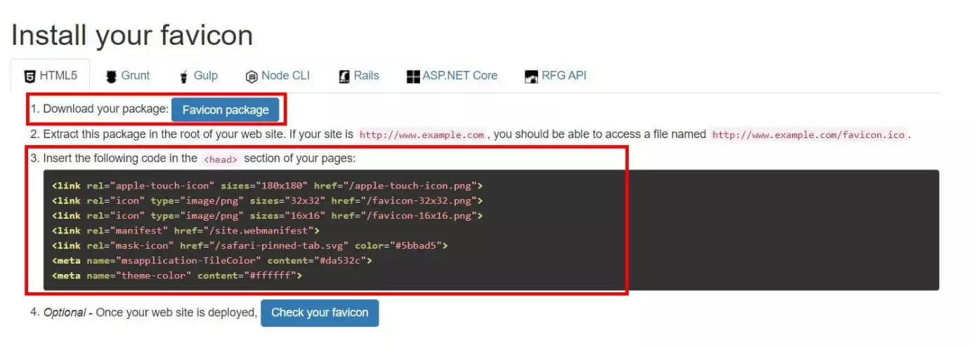Image: RealFaviconGenerator: HTML code