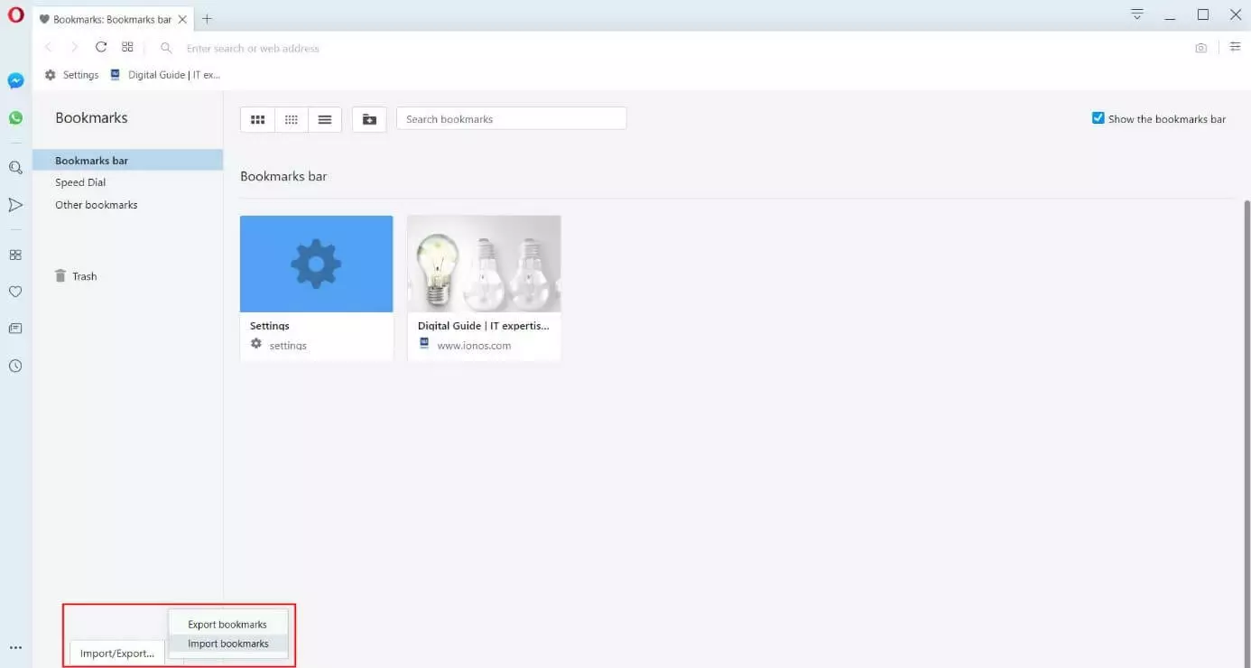 Image: Bookmarks manager in Opera: “Import/Export” button