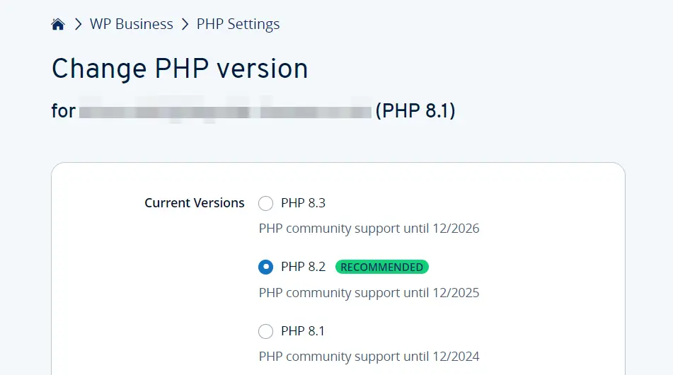 Image: PHP version options for IONOS customer account