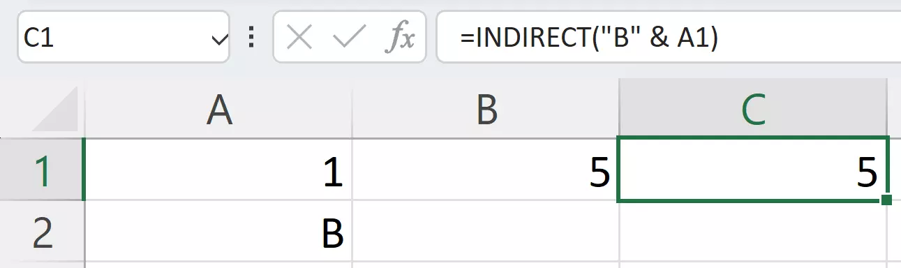 The INDIRECT Excel function shown with a text entry in the cell reference The INDIRECT Excel function shown with a text entry in the cell reference
