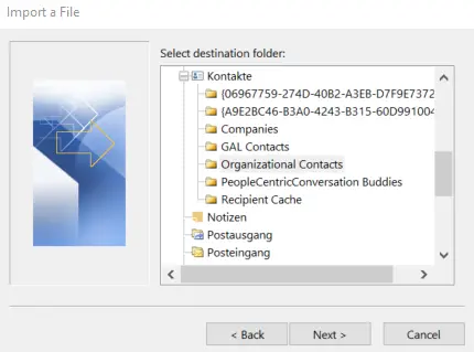Image: Import and Export Wizard in Outlook 365: Selecting the destination folder