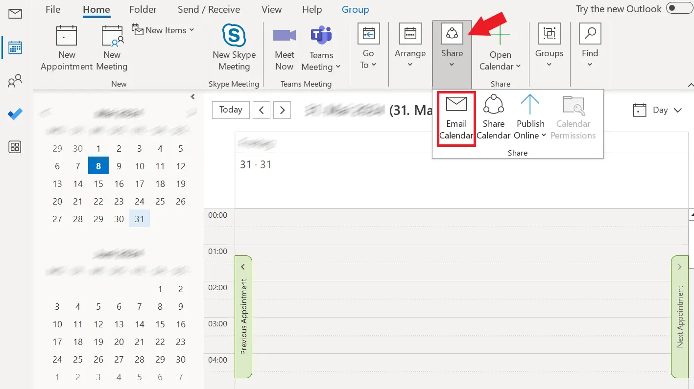 Image: Microsoft Outlook: View of the calendar toolbar in the ‘Home’ tab