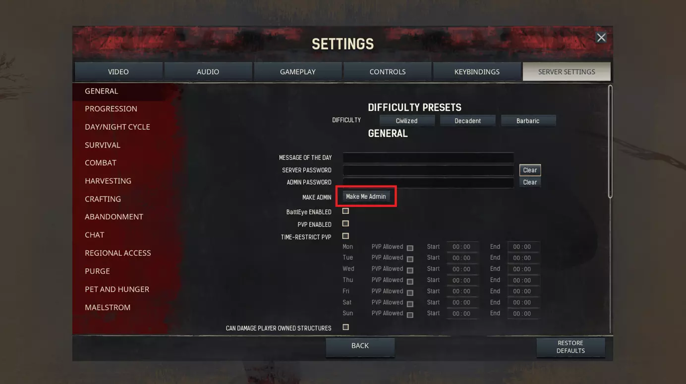 Image: Server settings in Conan Exiles