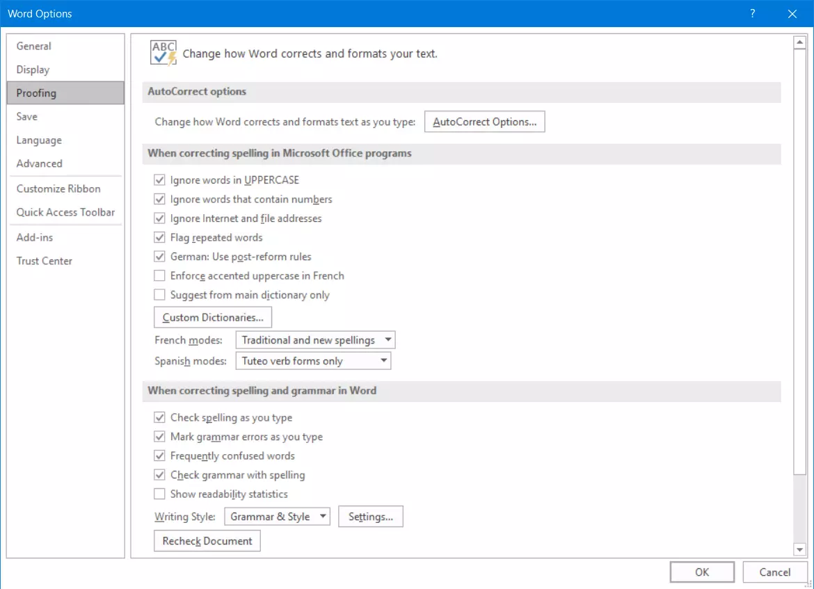 Turning off spell check in Word