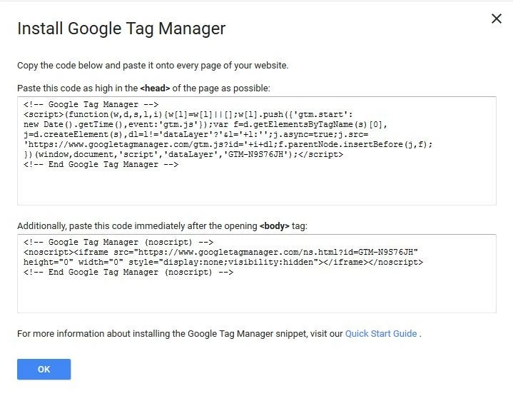 Image: Google Tag Manager: code input fields for integration