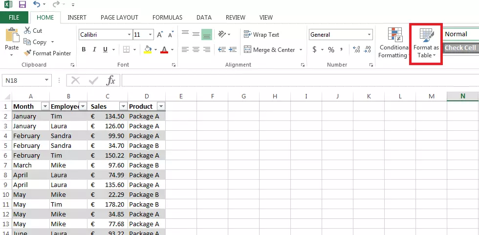 Image: Data set formatted as a table in Excel