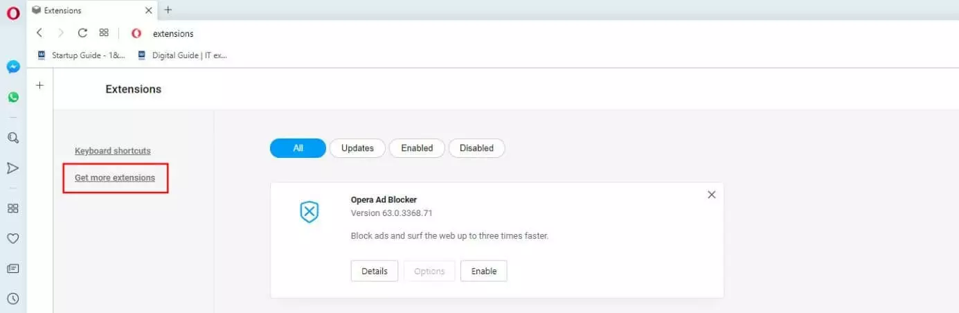 Image: Opera: “Extensions” menu