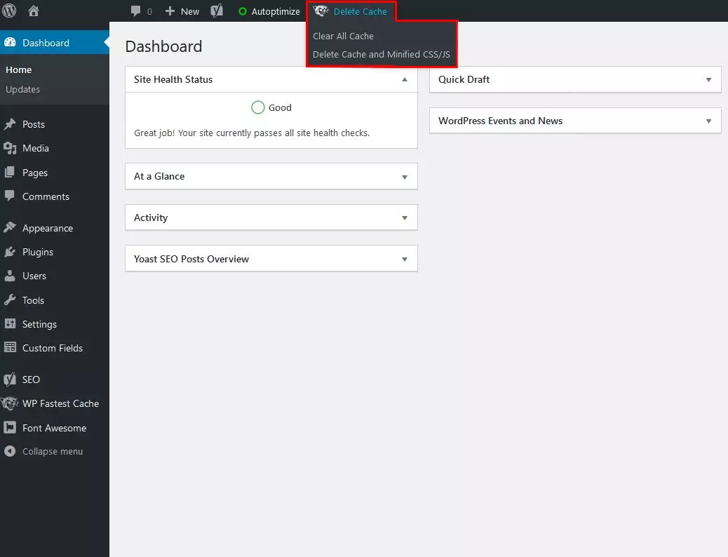 Image: WP Fastest Cache: dashboard option for clearing the WordPress cache