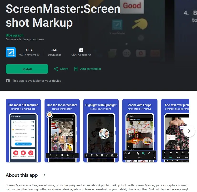 Screenshot tool Screen Master in the Google Play Store Image: Screenshot tool Screen Master in the Google Play Store