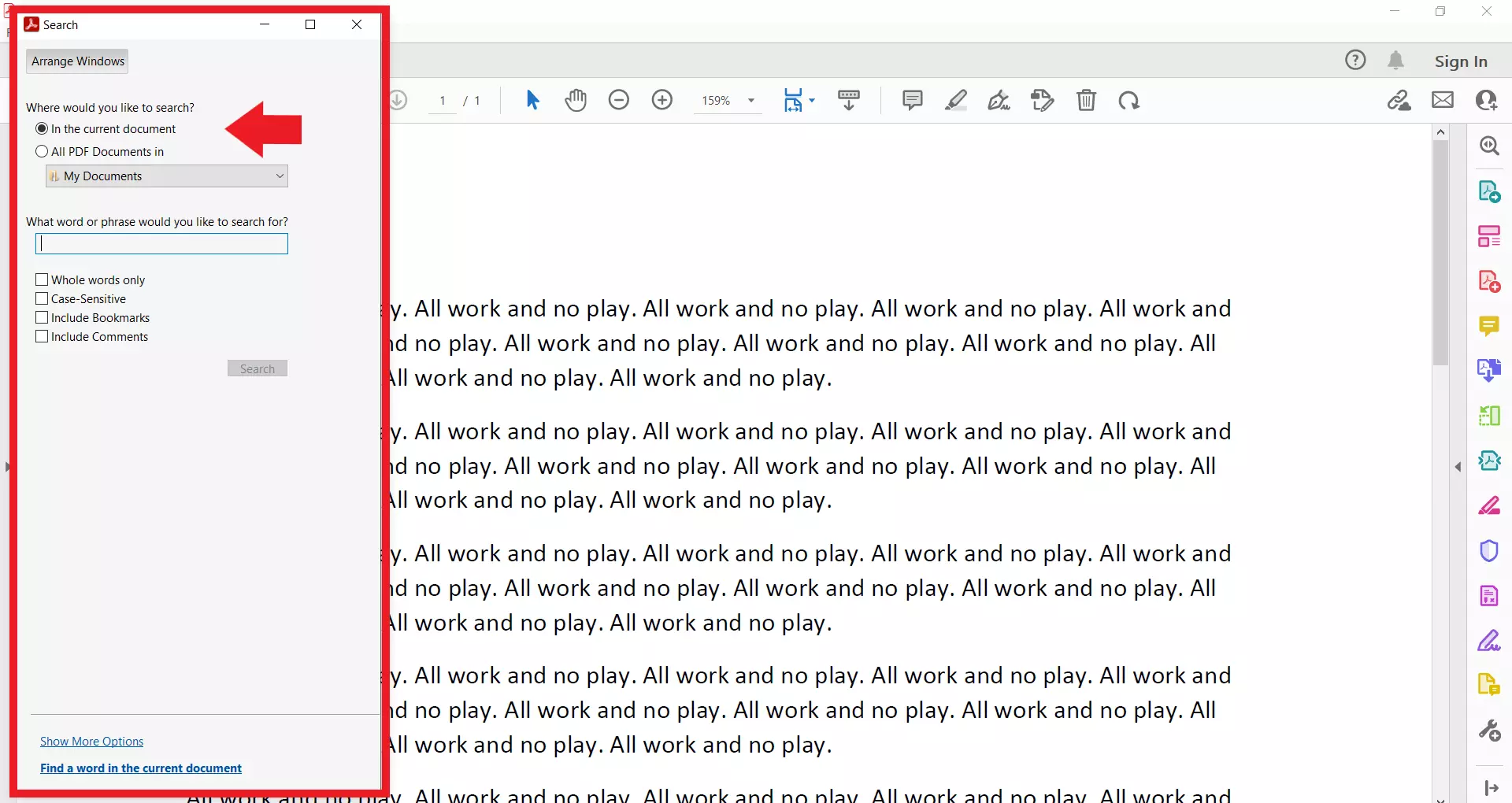 Image: Window for ‘Advanced Search’ in Adobe Acrobat Reader
