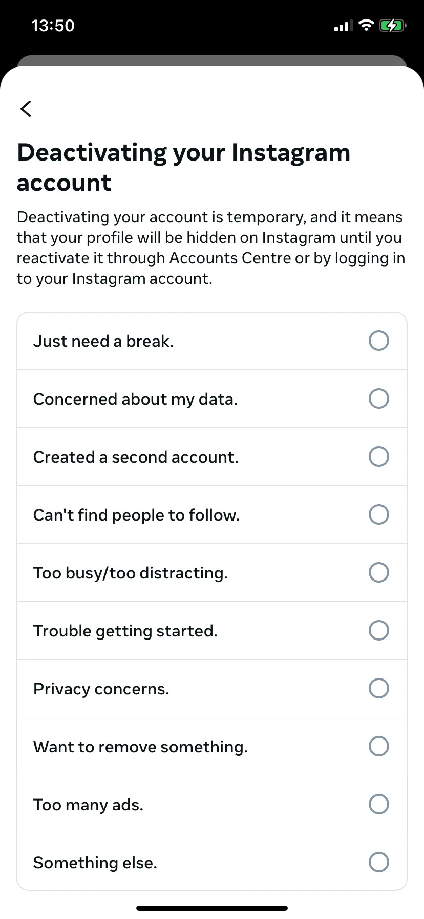 Give a reason for deactivating or deleting your account Image: Give a reason for deactivating or deleting your account