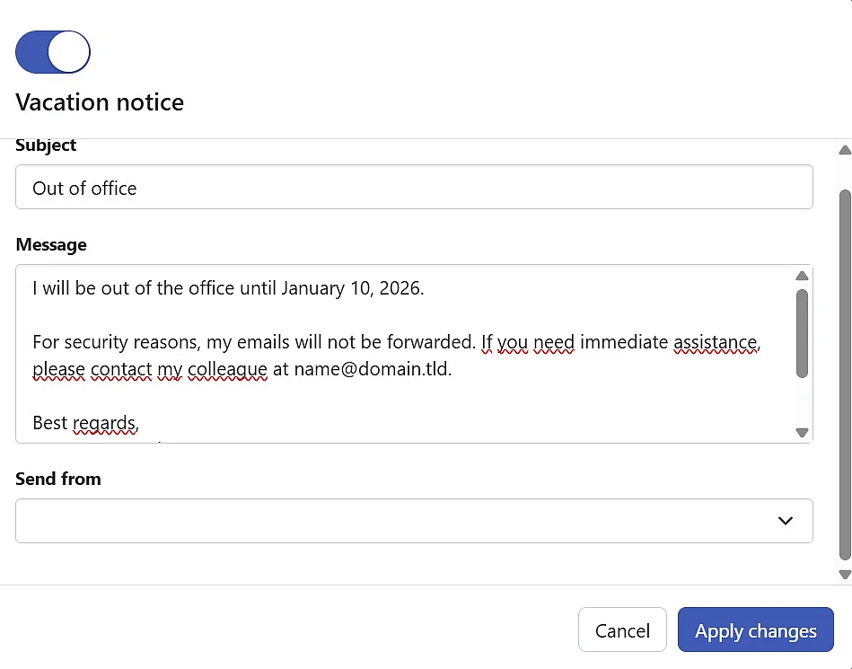 Settings for the out-of-office notice in the IONOS Webmail interface Image: Settings for the out-of-office notice in the IONOS Webmail interface