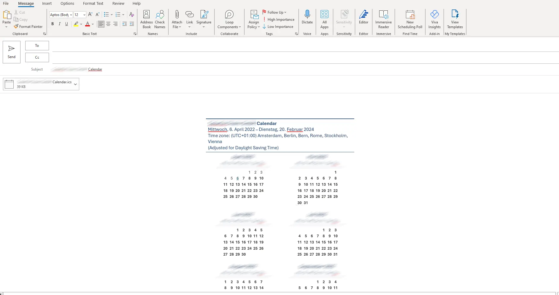 Image: Outlook: Calendar ready to send by email