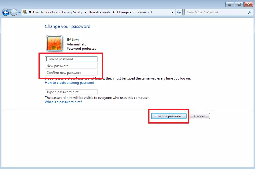 Image: Windows 7 user account settings: Create password