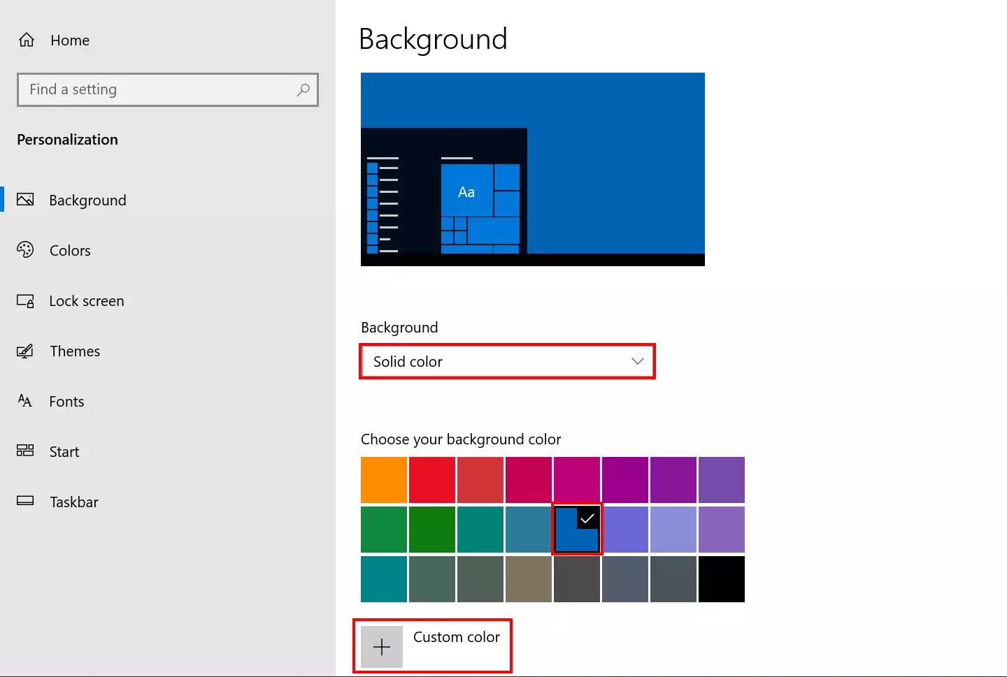 Image: Windows 10: select solid colour as background