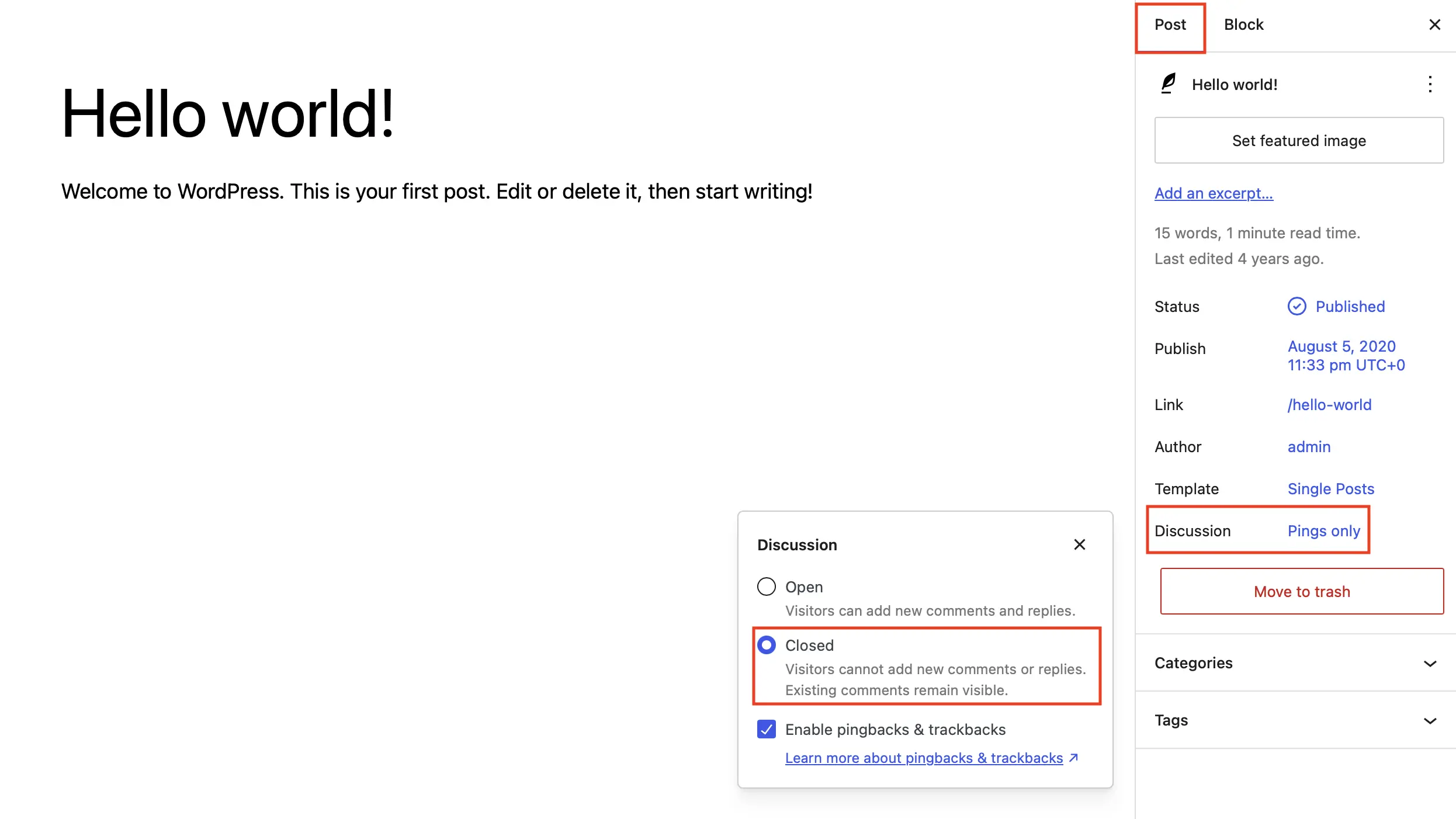 Right-hand sidebar in the Gutenberg editor, showing the ‘Discussion’ section of the ‘Document’ tab. Image: Right-hand sidebar in the Gutenberg editor, showing the ‘Discussion’ section of the ‘Document’ tab.