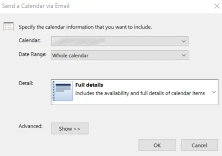 Image: Outlook: Dialog box ‘Send a Calendar via Email’