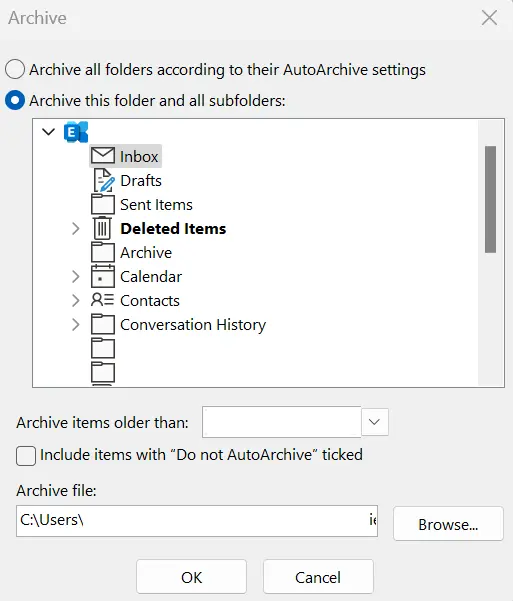 Microsoft Outlook: ‘Archive’ window Image: Microsoft Outlook: ‘Archive’ window