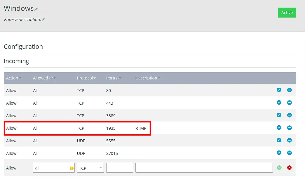 Cloud Panel: Server firewall settings with open port for RTMP Image: Cloud Panel: Server firewall settings with open port for RTMP
