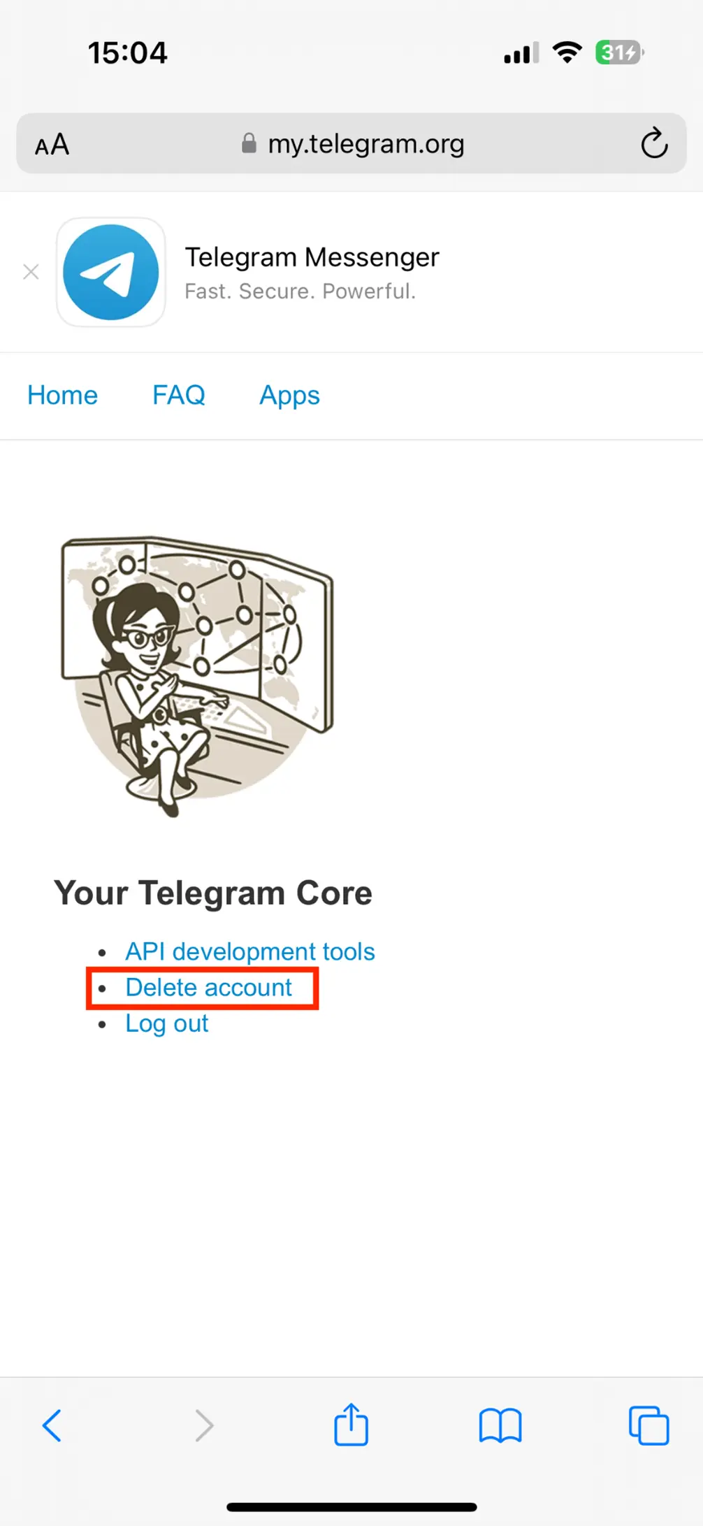 Image: ‘Delete account’ in the ‘Your Telegram Core’ area