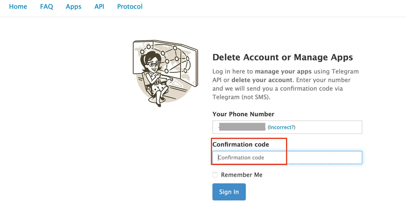 Image: In the browser: Enter the confirmation code on the Telegram website.