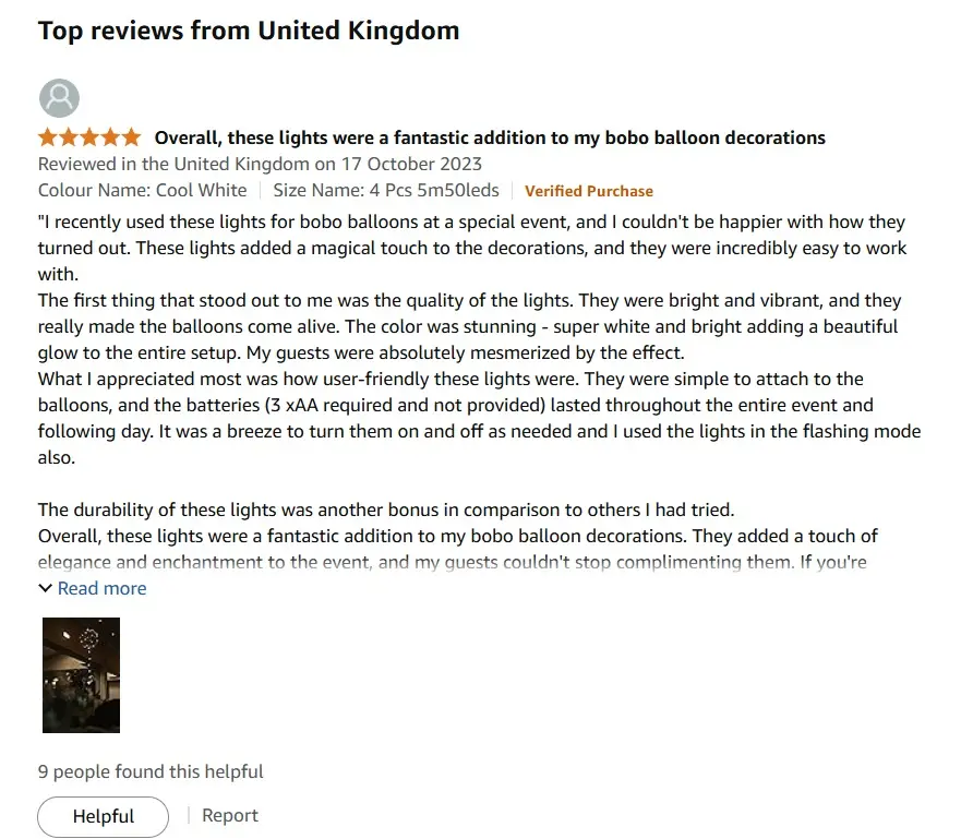 Image: Screenshot of an Amazon review for fairy lights