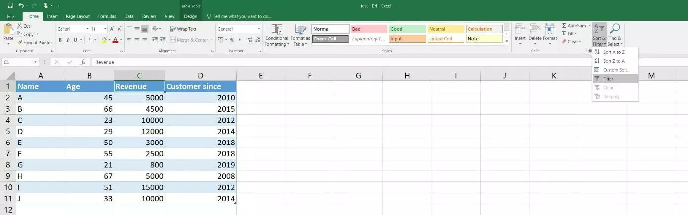 Excel table without filter/sort function