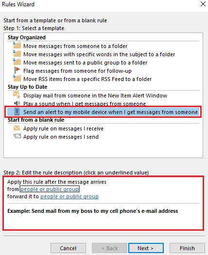 Image: Outlook Rules Wizard: Selecting rule templates