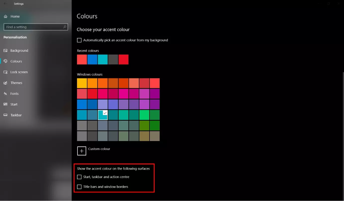 Image: Windows settings: Choose an accent colour
