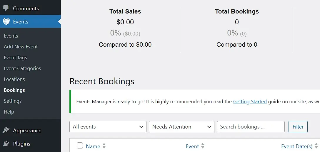 WordPress calendar plugin Events Manager in the WordPress backend Image: WordPress calendar plugin Events Manager in the WordPress backend