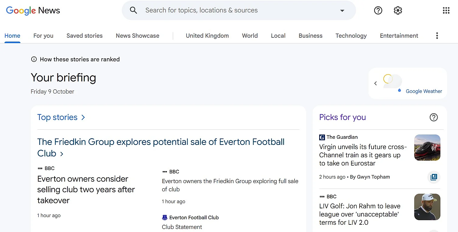 Google News homepage Image: Google News homepage