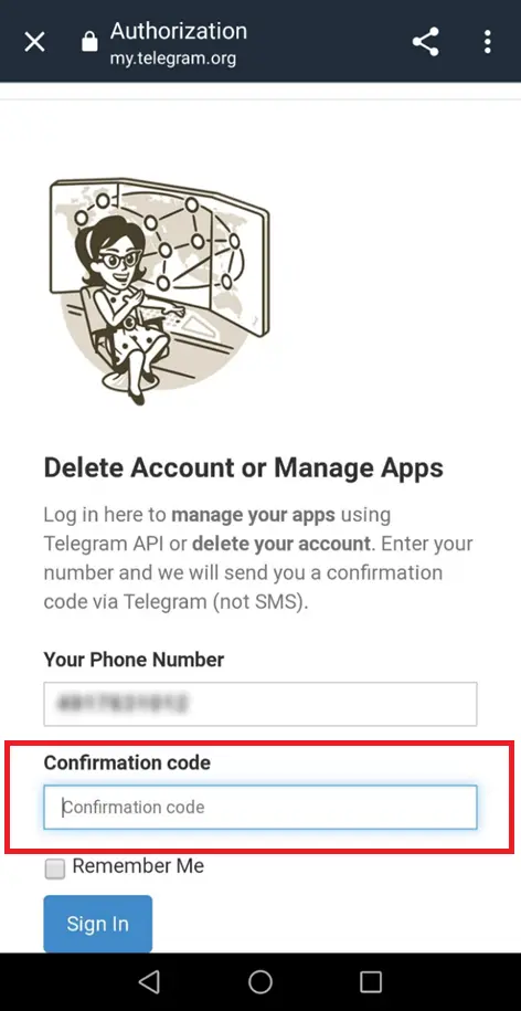 Image: Telegram page for deleting your account