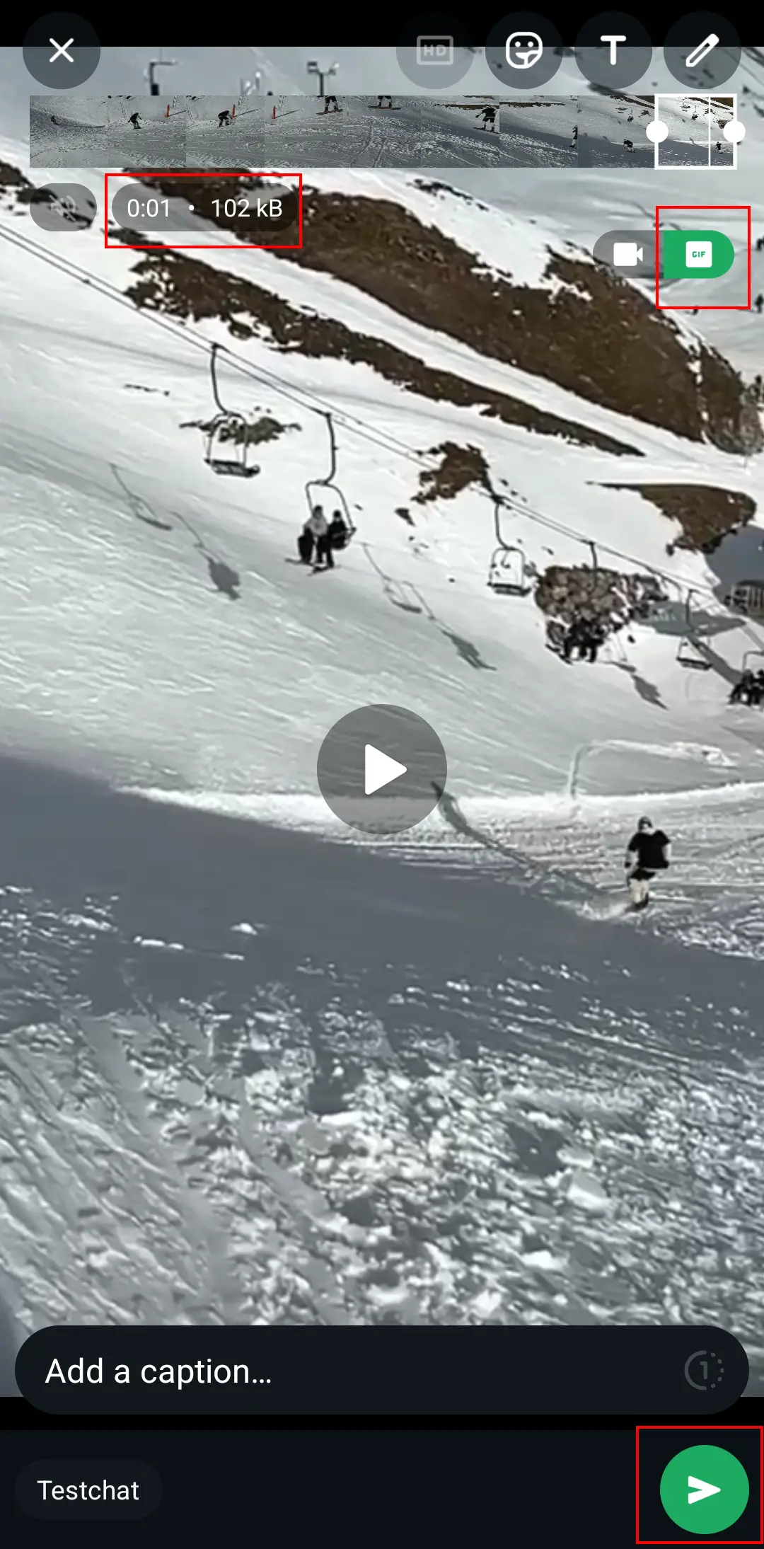 Android screenshot of cutting a video in WhatsApp with the GIF button Image: Android screenshot of cutting a video in WhatsApp with the GIF button