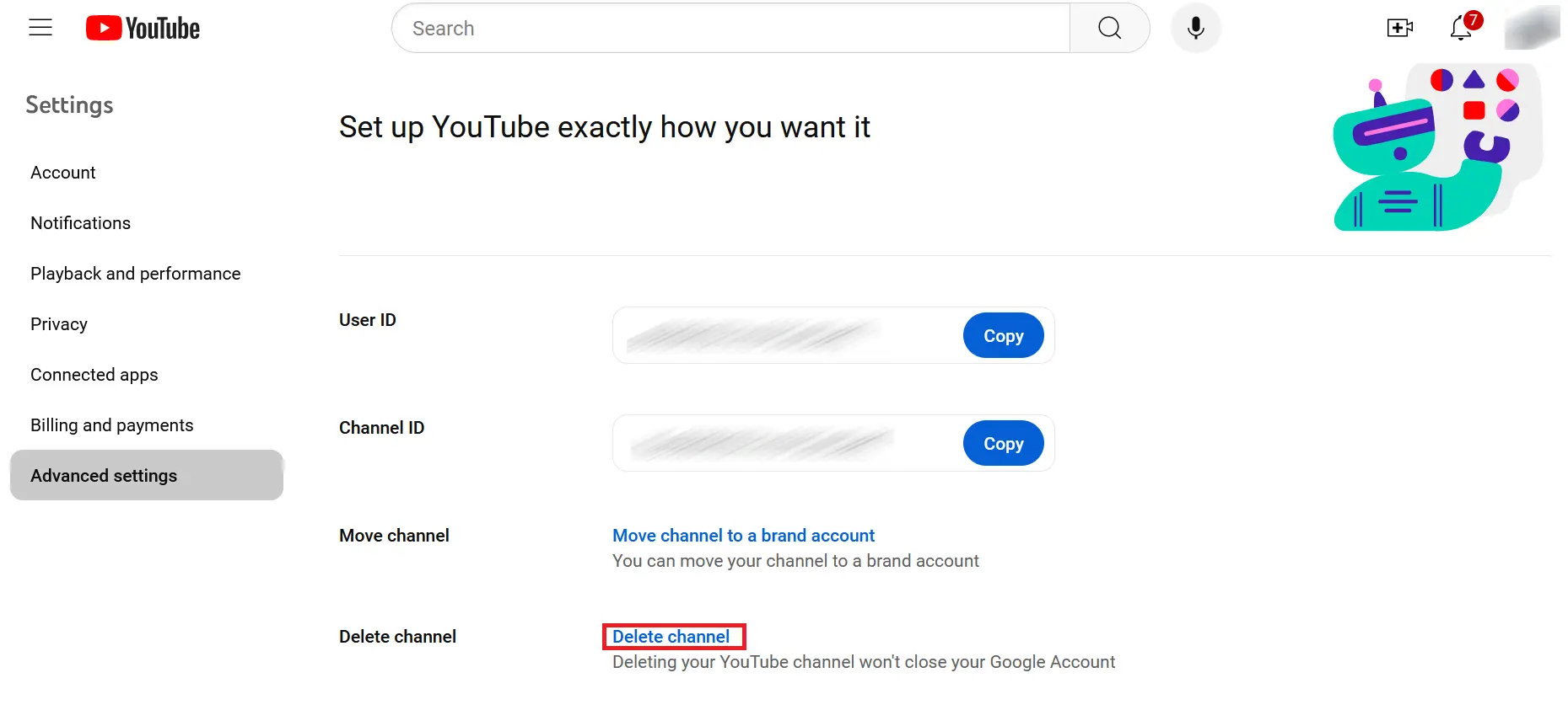 Image: ‘Delete channel’ in ‘Advanced settings’ in YouTube