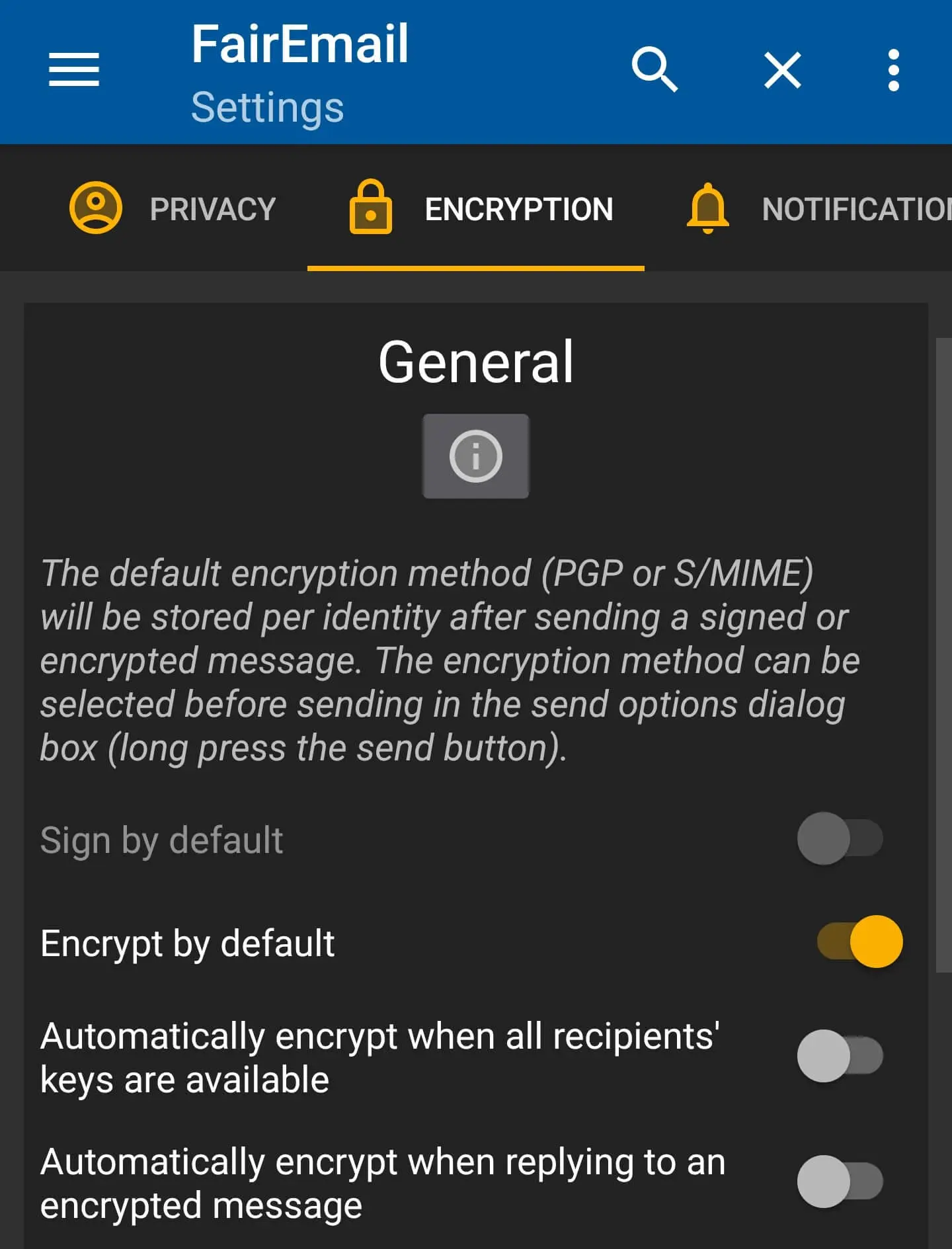Image: FairEmail: Encryption Settings
