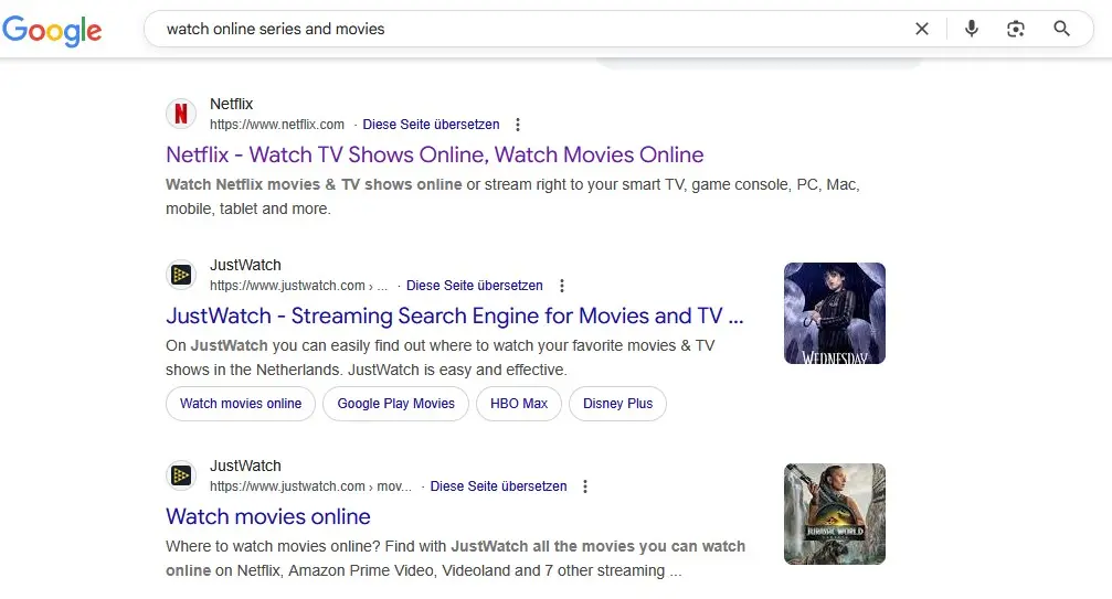 Image: Google search query: &lsquo;Watch online series and movies&rsquo;