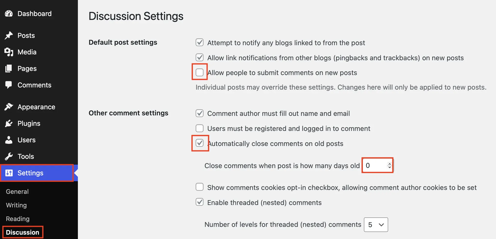 ‘Discussion Settings’ page in the WordPress backend with options for disabling comments for the entire website Image: ‘Discussion Settings’ page in the WordPress backend with options for disabling comments for the entire website