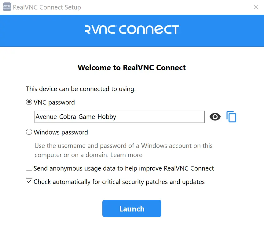 RealVNC server setup Image: RealVNC server setup