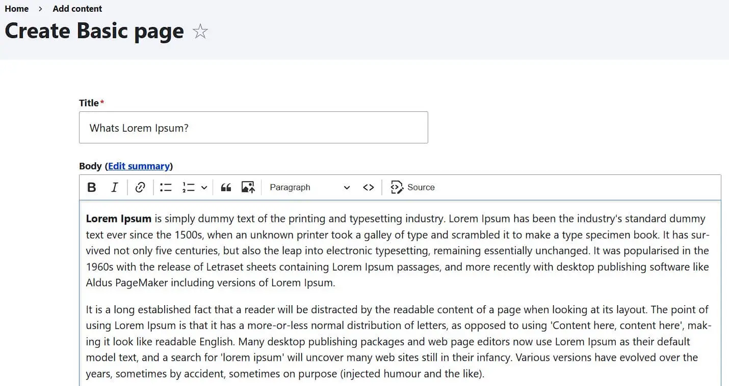Menu ‘Create Basic page’ in Drupal Image: Menu ‘Create Basic page’ in Drupal