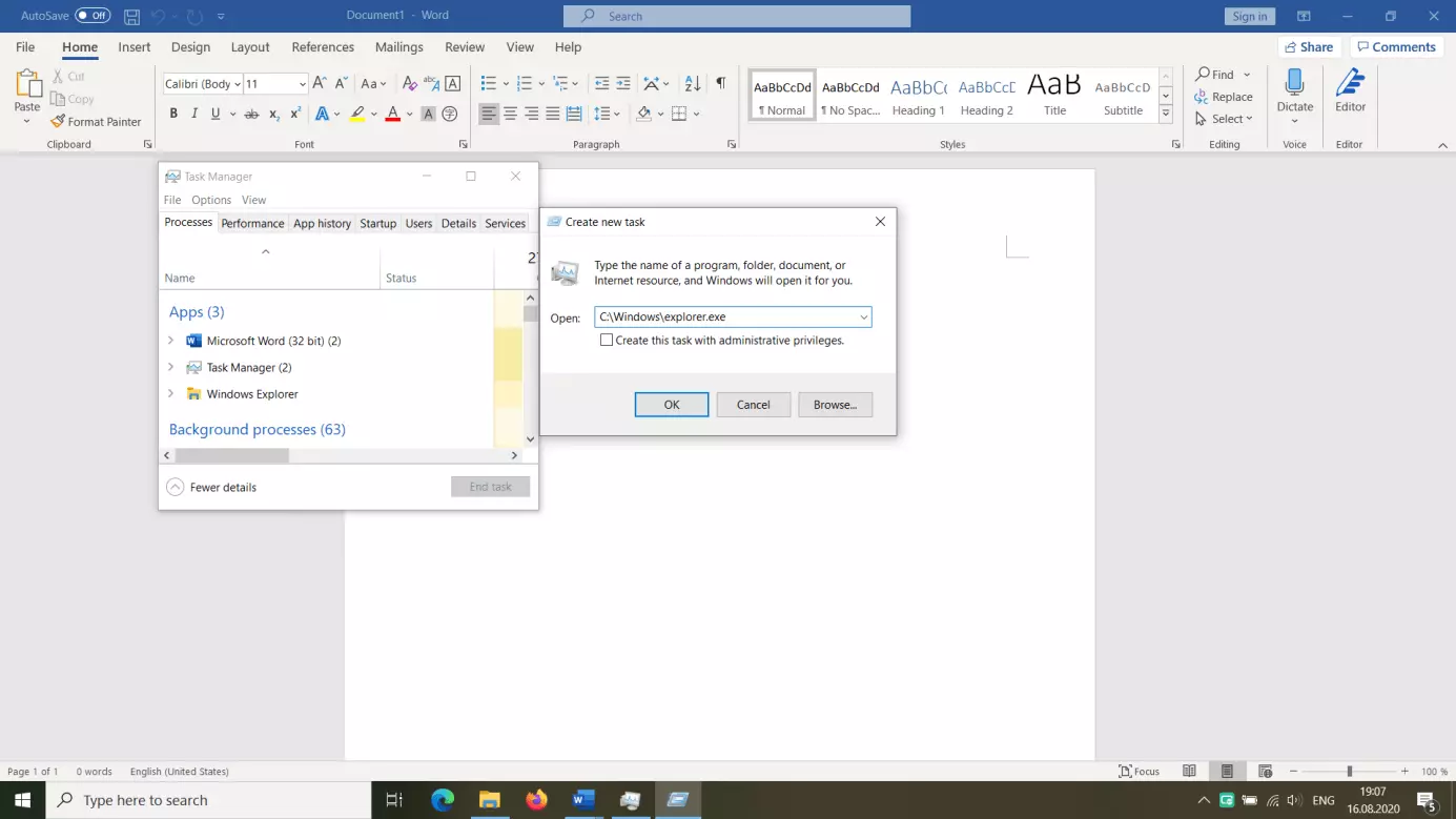 Image: The window in which you can create a new task using C:\Windows\explorer.exe